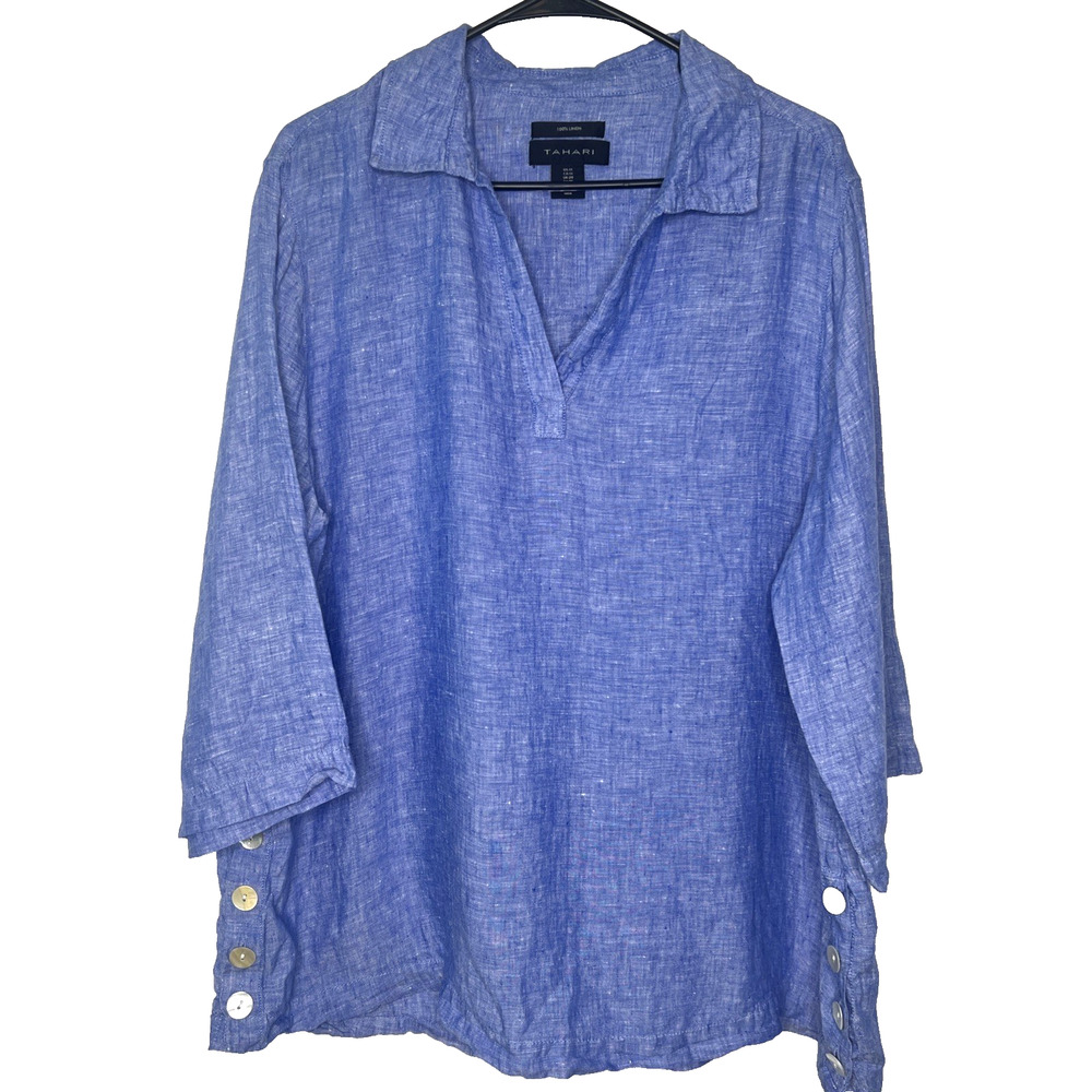 Tahari Blouse Women's 1X 100% Linen Pullover 3/4 SleeveCoastal Minimalist Mature